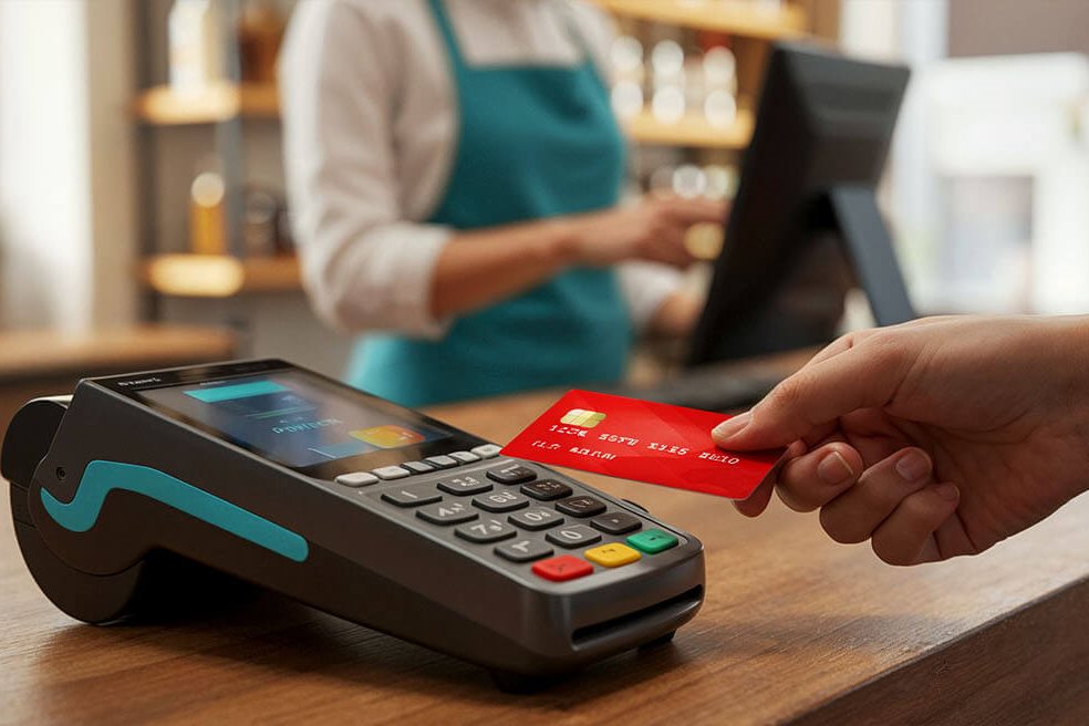 Customer tapping a card on a point of sale terminal